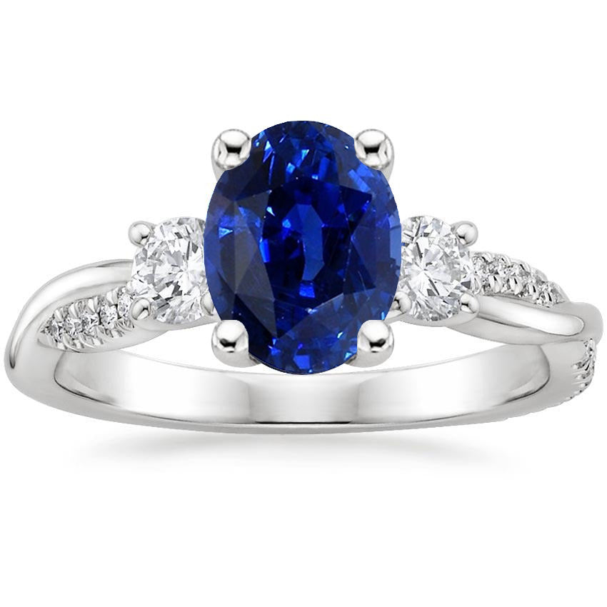 Three Stone Ring Oval Blue Sapphire & Round Diamond Accents Best Amazing