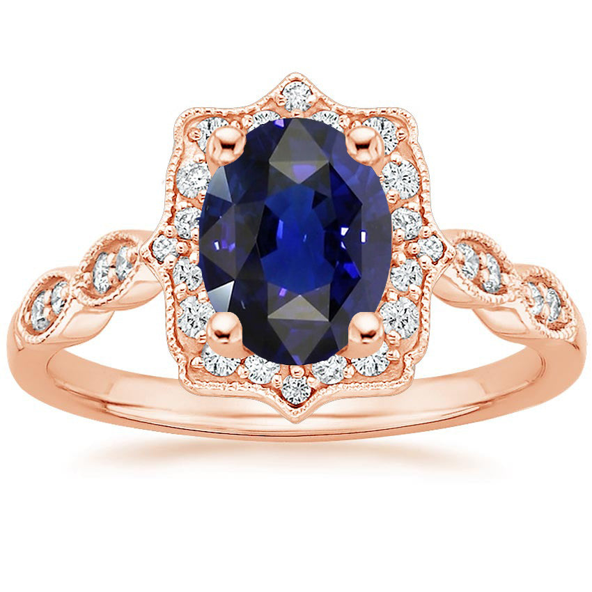 New Stylish Best Halo Ring Vintage Style Oval Ceylon Sapphire & Diamond