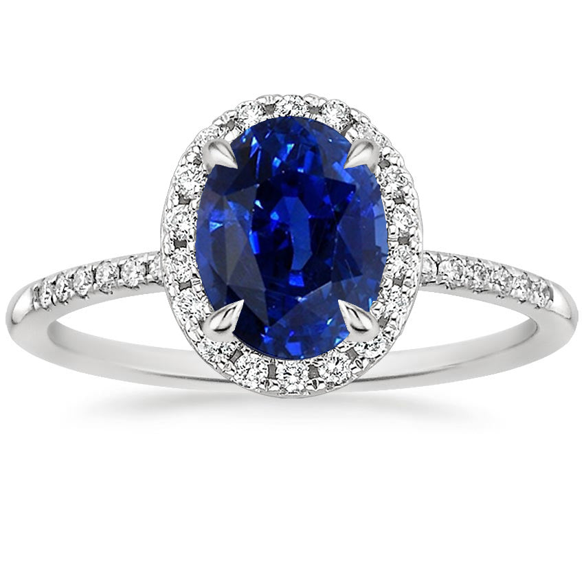 Woman's Weeding Anniversary Women Halo Ring Oval Blue Sapphire & Diamond Accents