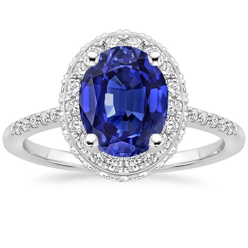 Best Amazing Halo Blue Sapphire Ring Oval Cut & Pave Set Diamonds