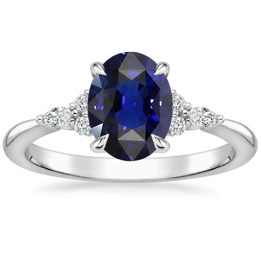 Solitaire Sapphire Ring With Marquise & Round Natural Earth Mined Diamond Accents 3 Carats