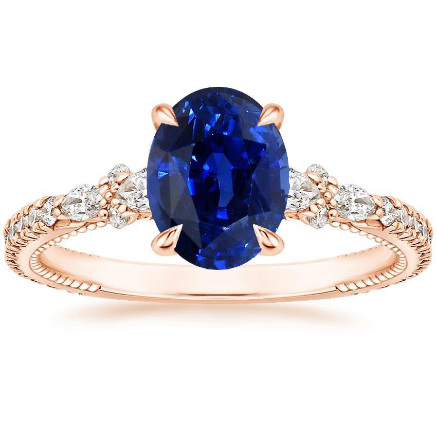 New High Quality Wedding Solitaire Ring With Pear Diamond Accents Oval Ceylon Sapphire