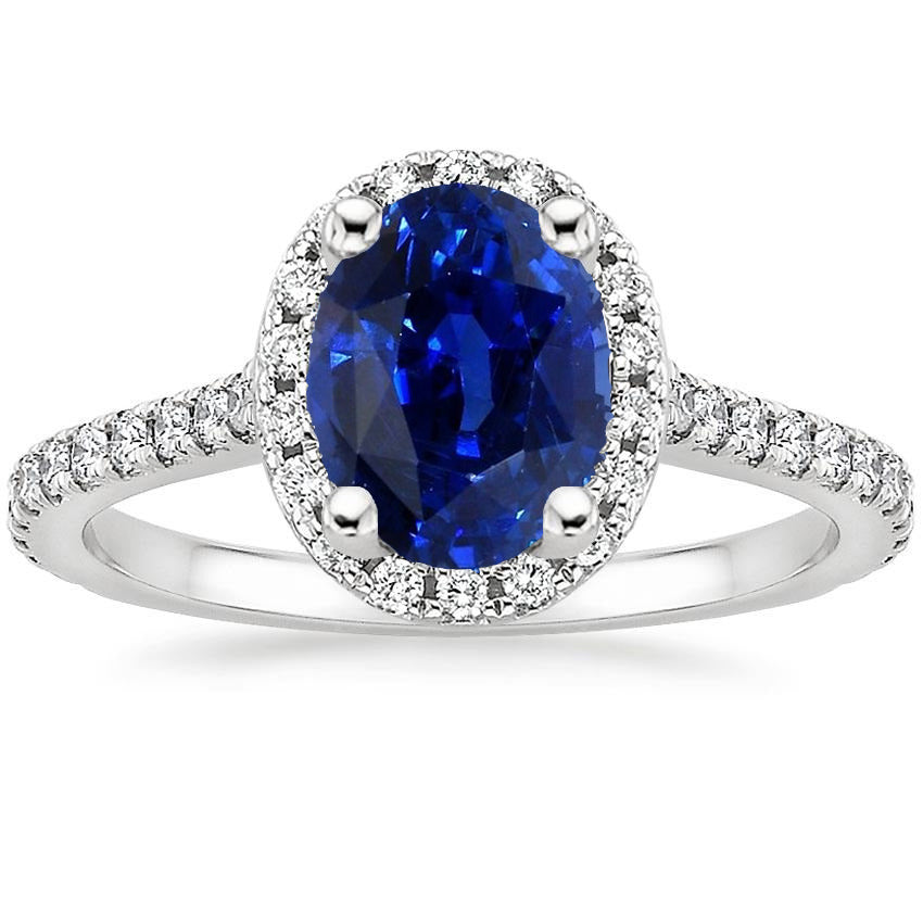 Halo Ring Pave Set Diamonds & Oval Sri Lankan Sapphire Lady’s Round Anniversary