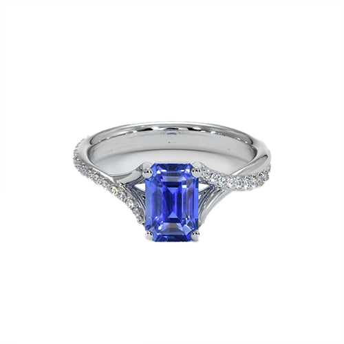 Unique Lady’s White Gold Diamond & Emerald Cut Sri Lankan Sapphire Ring