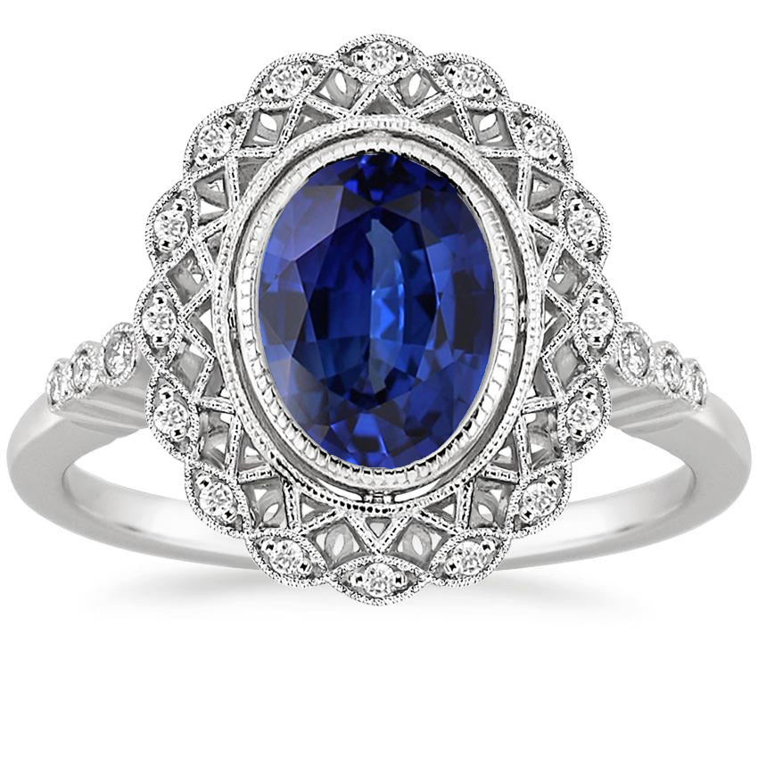 Antique Style Half bazel fancy Engagement Halo Ring Bezel Set Blue Sapphire With Diamonds