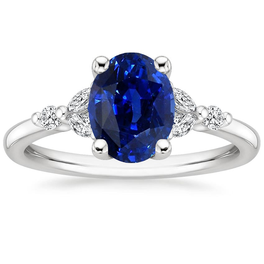 High Quality Fancy Sparkling Solitaire Blue Sapphire Ring With Round & Marquise Diamond