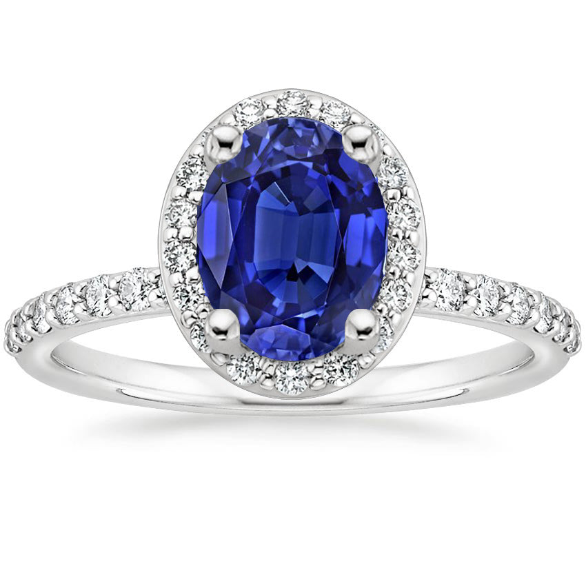 High Quality Fancy Sparkling Halo Ceylon Sapphire Ring Oval Cut & Round Diamonds