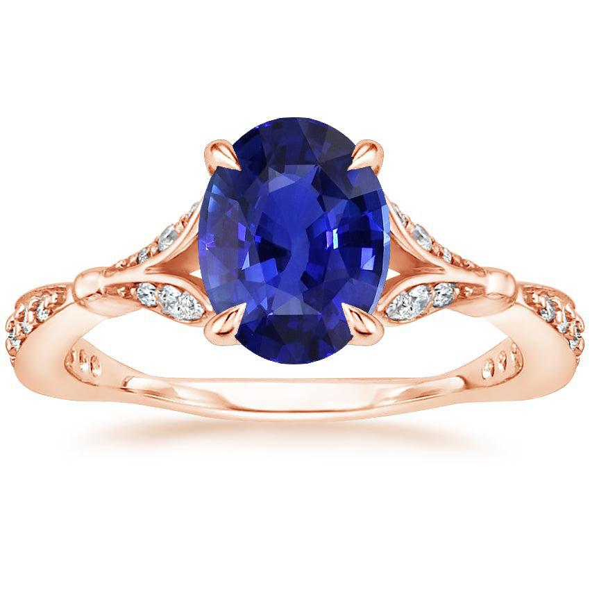 Rose Gold Lady’s Round Anniversary Gemstone Ring Split Shank Blue Sapphire & Diamonds