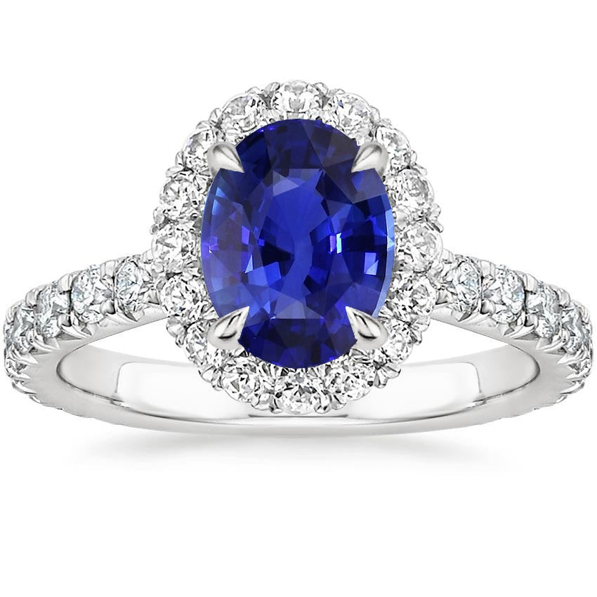 Antique Style Ladies Halo Sri Lankan Sapphire & Pave Set Diamond Ring