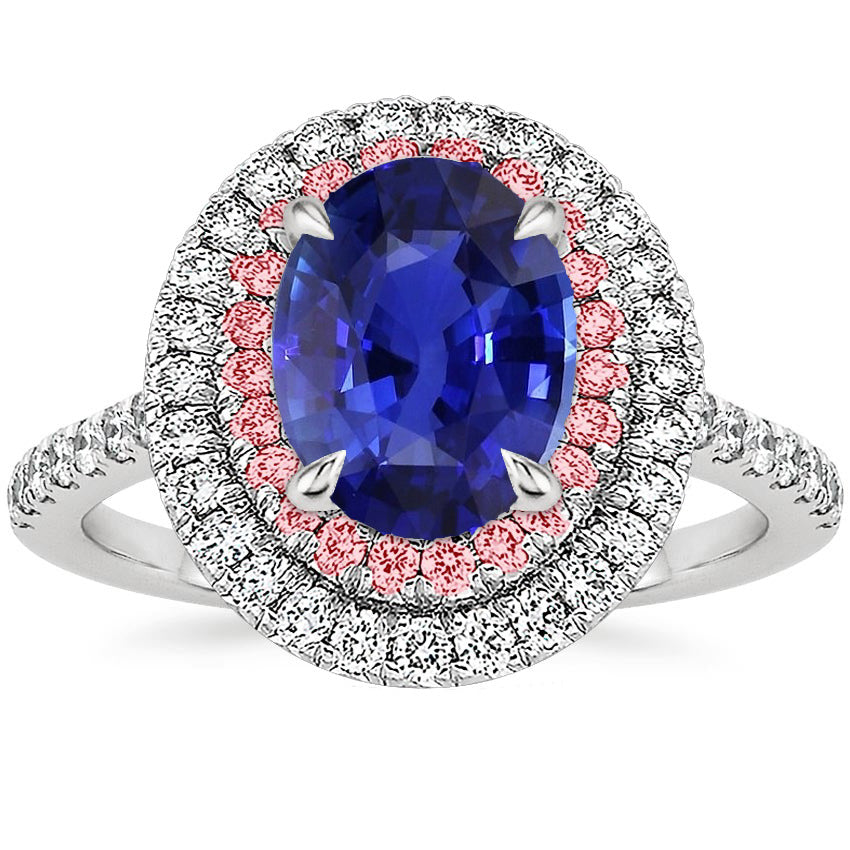 Diamond Antique Lady’s Style Double Halo Oval Blue & Pink Sapphire Ring 5 Carats Prong