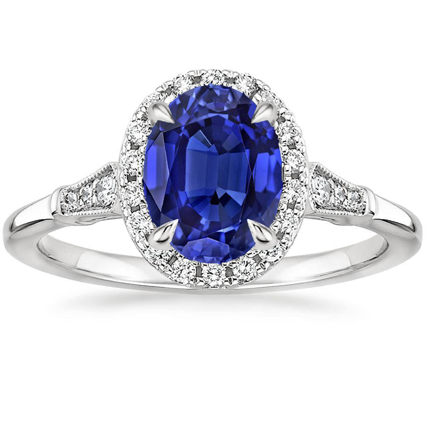 Halo Oval Antique Lady’s Style Ceylon Sapphire Anniversary Ring With Accent