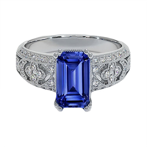 Unique Lady’s Vintage Style Emerald Blue Sapphire & Diamond Ladies Ring