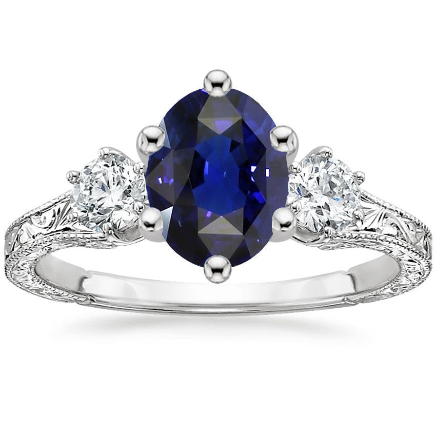 Female Blue Sapphire 3 Stone Ring & Diamonds new stylish Antique Style