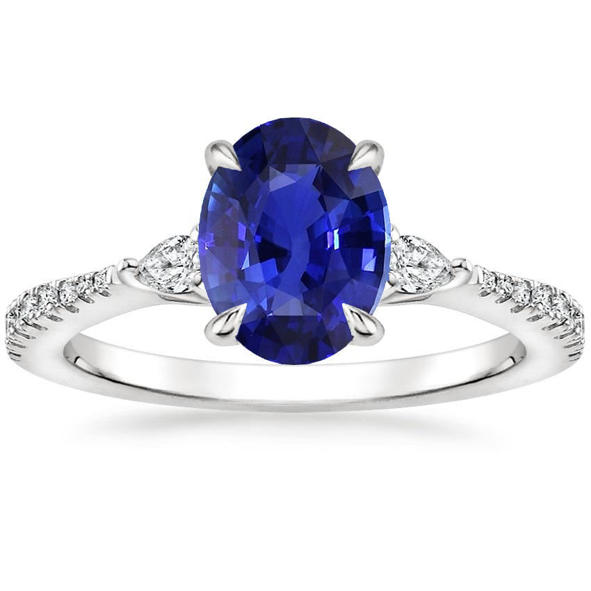 Solitaire Blue Sapphire With Antique Lady’s Style Pear & Round Diamond Accent Ring