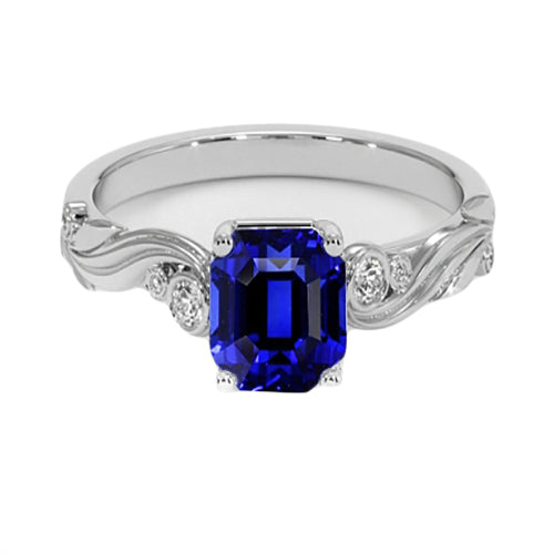 Unique Lady’s Vintage Style Diamond And Ceylon Sapphire Emerald Cut Ring