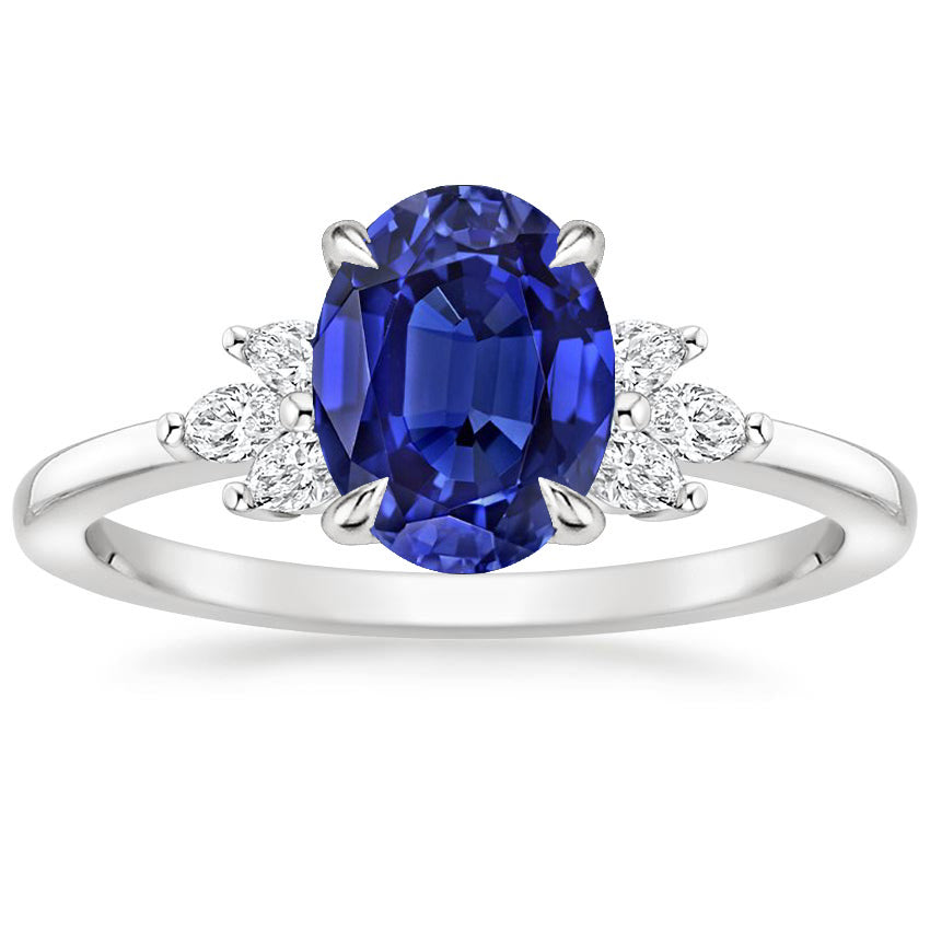 Oval Solitaire Blue Sapphire Ring With Pear Side Stones 4.50 Carats