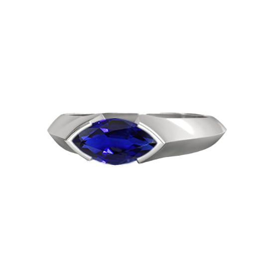 Diamond Blue Sapphire Ring Marquise & Round Jewelry 1.50 Carats White Gold Solitaire Ring Bar Set Marquise Ceylon Sapphire