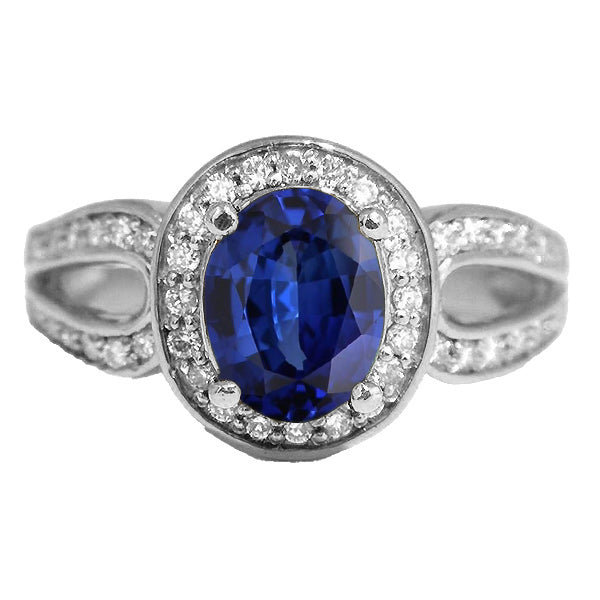 Women Diamond Engagemen Gold Oval Halo Ring SriLanka Sapphire Split Shank & Diamonds