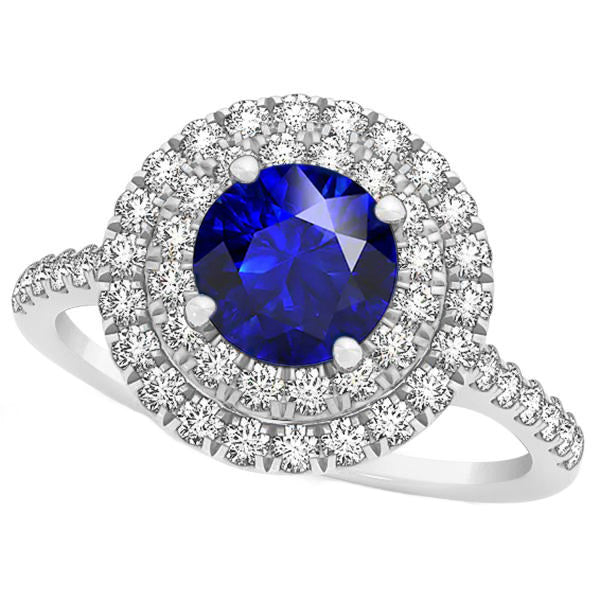 Diamond Round Blue Sapphire Ring Double Halo Women Diamond Engagement Women's Gold