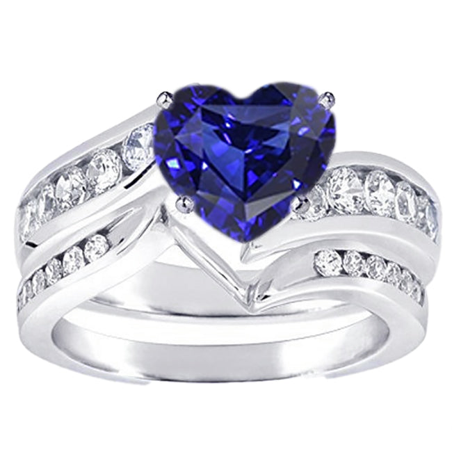 Women Diamond Engagemen Heart Cut Sapphire Wedding Ring Set & Channel Set Diamonds