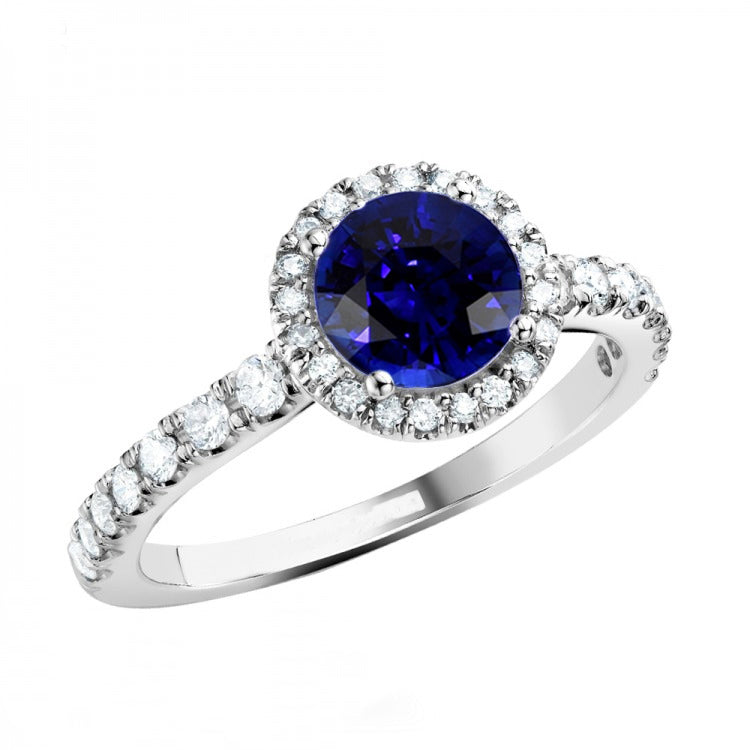 Diamond Halo Blue Sapphire Gemstone Ring Wedding Jewelry