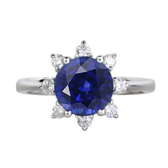 Round Diamond Halo Star Style Blue Sapphire Ring Lady’s Vintage Style White Gold