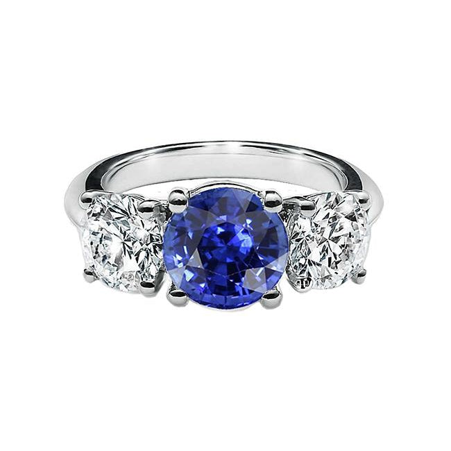 Three Stone Round Blue Sapphire & Diamond Ring ladies stylish Gold