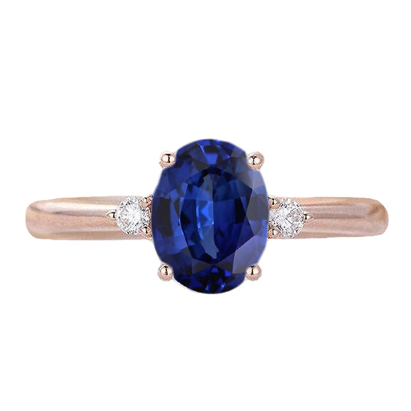 Half bazel fancy Engagement 3 Stone Oval Cut Sapphire Ring With Small Round Diamonds