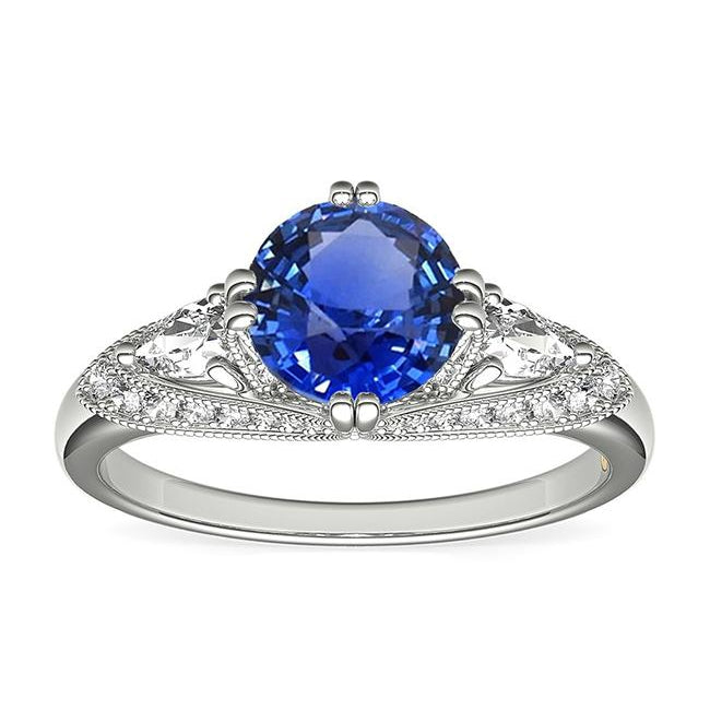 Ceylon Sapphire Round Diamond Ring Antique Style Lady’s Round Anniversary