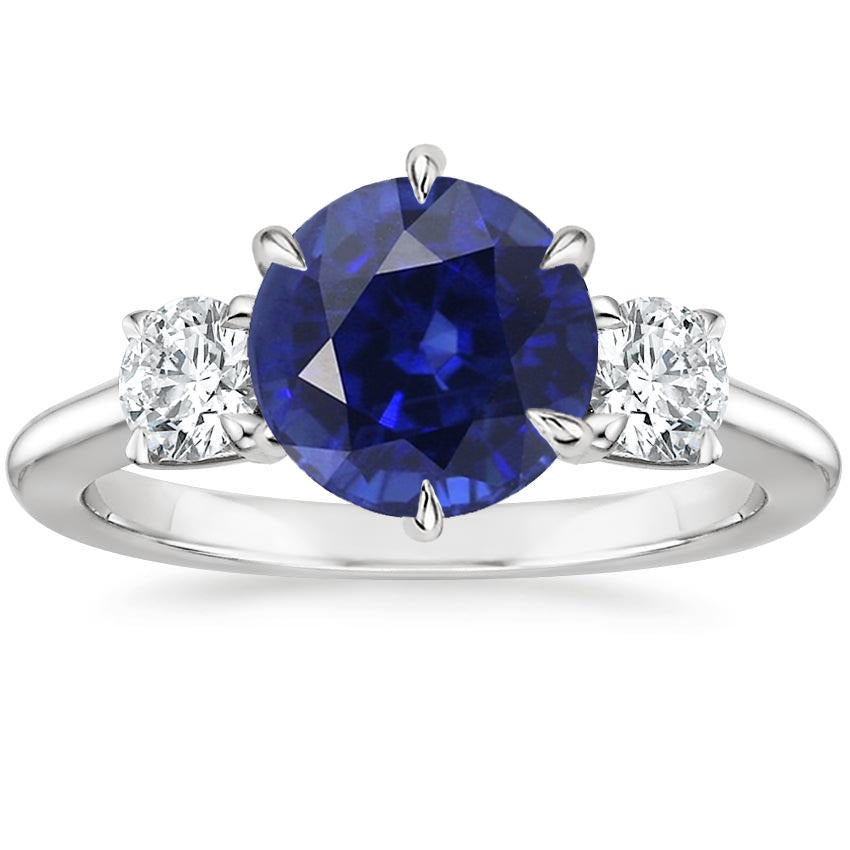 3 Stone Round Diamonds Deep Blue Sapphire Ring Prong Set Lady’s Round Anniversary