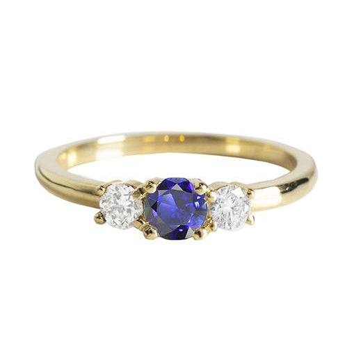 Yellow Gold 3 Stone Ring Round Blue Sapphire & Diamonds Fancy Princess Cut Style