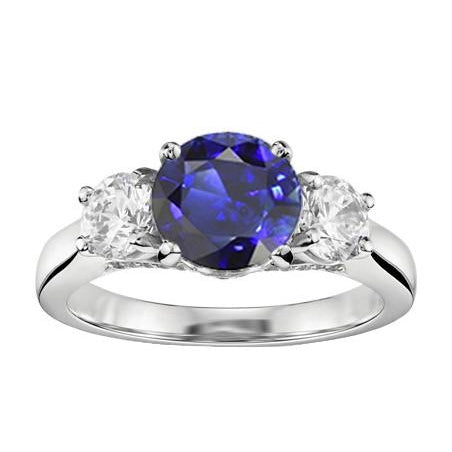 Fancy Princess Cut Style Three Stone Ring Round Natural Blue Sapphire & Diamonds