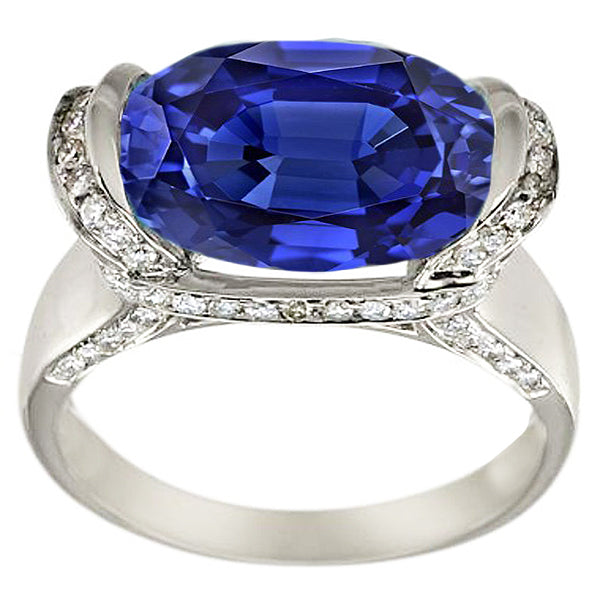 Round Natural Earth Mined Diamond & Oval Cut Blue Sapphire Ring Bar Setting 5.50 Carats