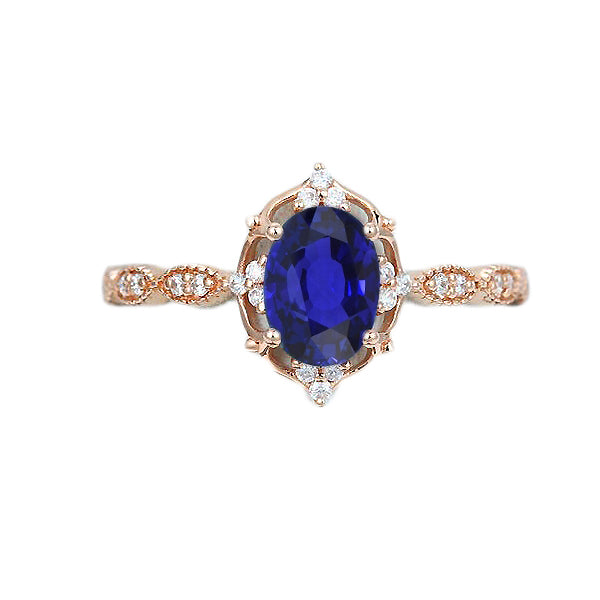 Rose Gold Natural Earth Mined Diamond Halo Vintage Style Blue Sapphire Ring 3 Carats