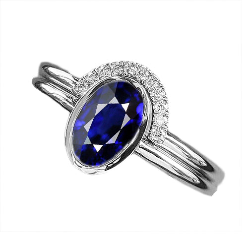 Natural Earth Mined Diamond Band & Oval Blue Sapphire Wedding Ring Set 3 Carats White Gold