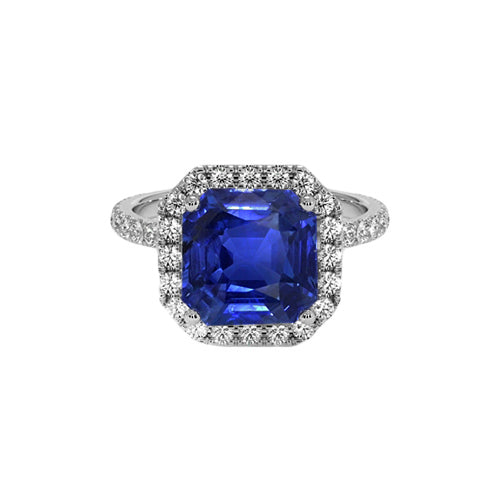 Lady’s Brilliant Engagement Halo Round Diamond & Asscher Cut Blue Sapphire Ring