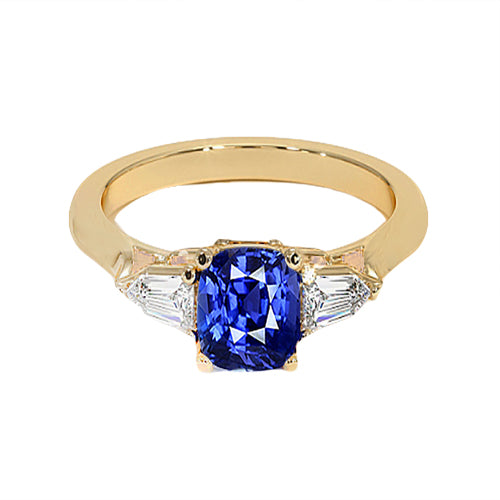 Lady’s Brilliant Engagement Cushion Deep Blue Ceylon Sapphire & Tapered Baguette Ring