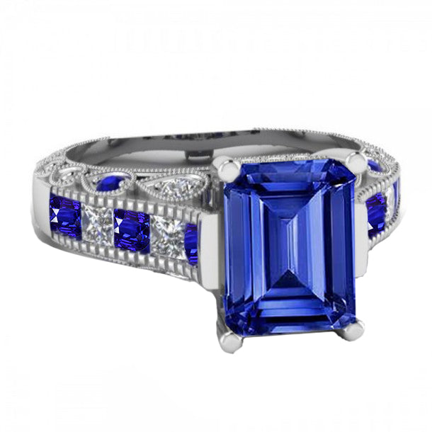 Lady’s Brilliant Engagement Vintage style Emerald Cut Ceylon Sapphire Diamond Ring