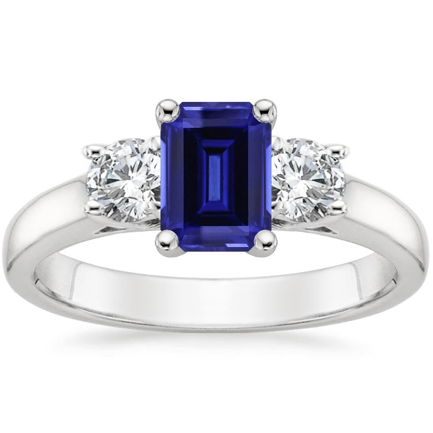 White Gold Females Stylish 3 Stone Blue Emerald Sapphire Diamond Ring