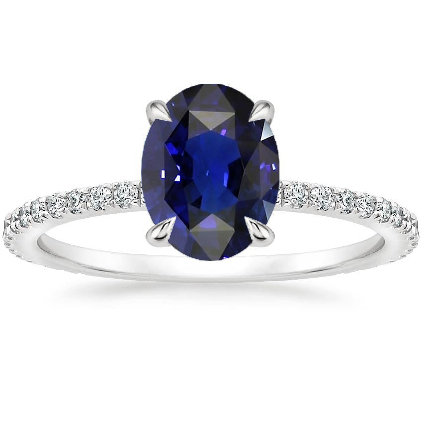 New Quality LAdies Oval Blue Sapphire Diamond Engagement Ring Claw Prong Setting