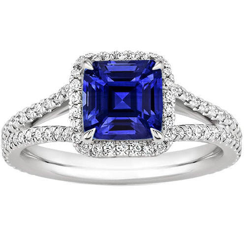 New Stylish Amazing Gold Halo Diamond Engagement Ring Asscher Blue Sapphire