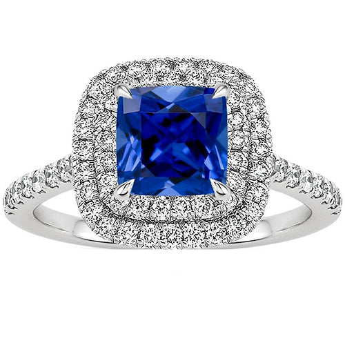 New Fancy Stylish Double Halo Diamond Ring Cushion Ceylon Sapphire Accents