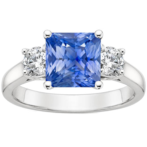 New Females Blue Ceylon Sapphire & Round Diamond 3 Stone Ring Gold
