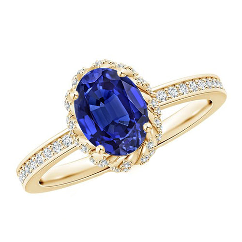 Best Quality Stylish Yellow Gold Diamond Halo Ring Oval Cut Ceylon Sapphire New