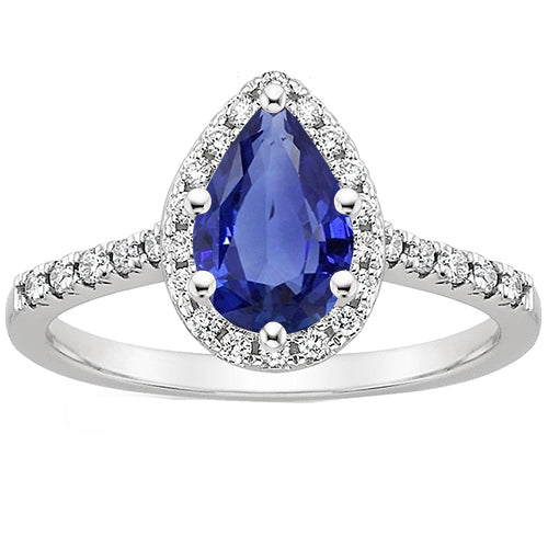 White Gold Natural Earth Mined Diamond Halo Gemstone Ring 6 Carats Pear Cut Blue Sapphire
