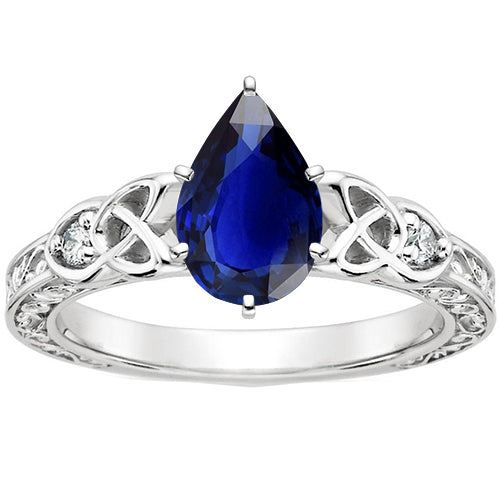 New Amazing Stylish Vintage Style Gold Ring Filigree Shank Pear Blue Sapphire