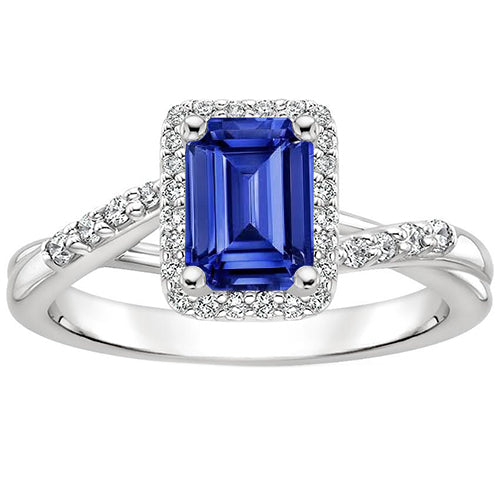 Sparkling Unique Women Halo Ring Sri Lankan Sapphire & Diamond White Gold