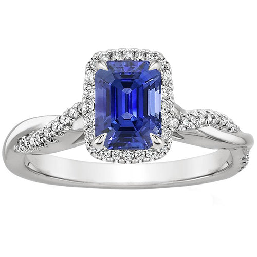 Halo Lady’s Round Anniversary Twist Ring Style Emerald Ceylon Sapphire & Diamonds