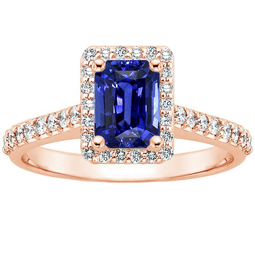 Halo Ring Rose Gold Emerald Sri Lankan Sapphire & Diamonds Sparkling Unique Lady’s