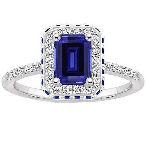 Diamond Sparkling Unique Lady’s Halo Ring With Blue Sapphires on Side Emerald